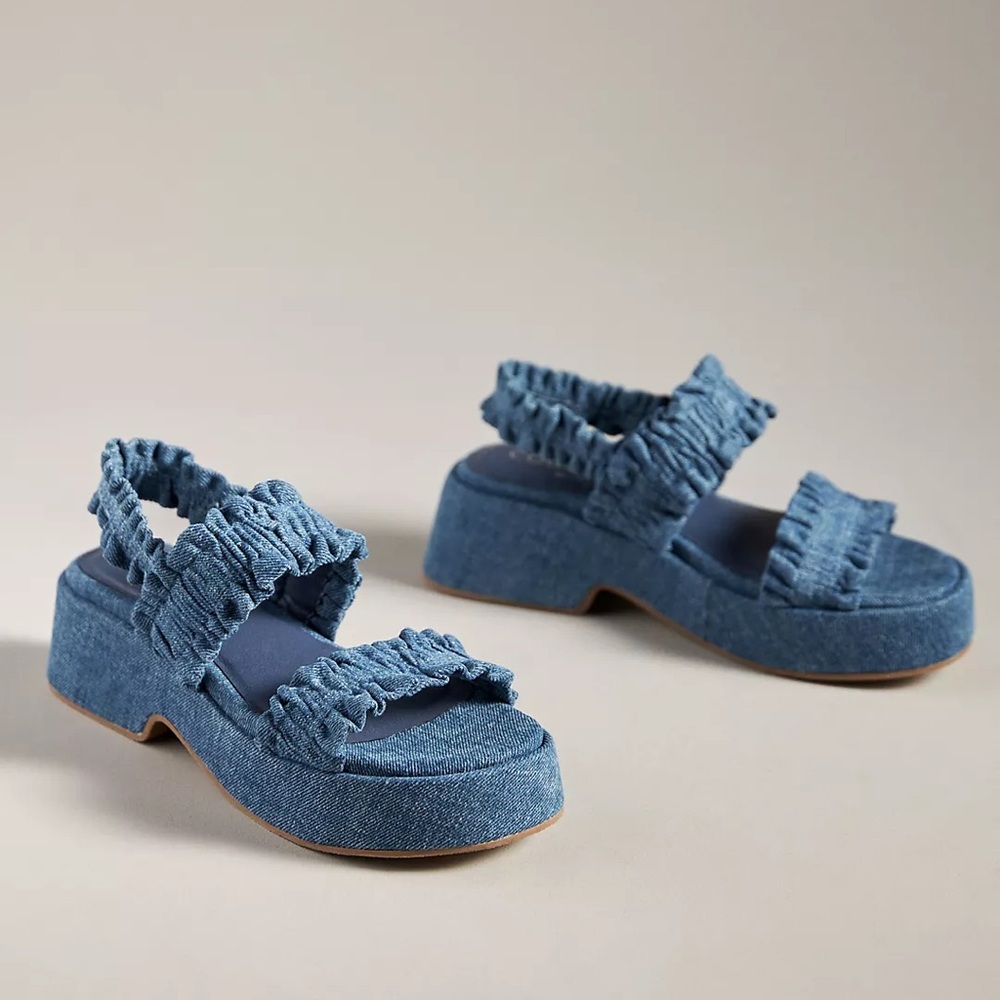 Anthropologie || Matisse‎ Denim Platform Sandals Ruffle Blue 7
